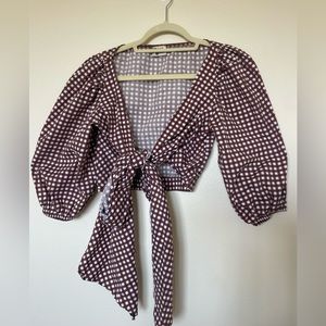 Show Me Your Mumu puff sleeve chocolate gingham front tie crop top